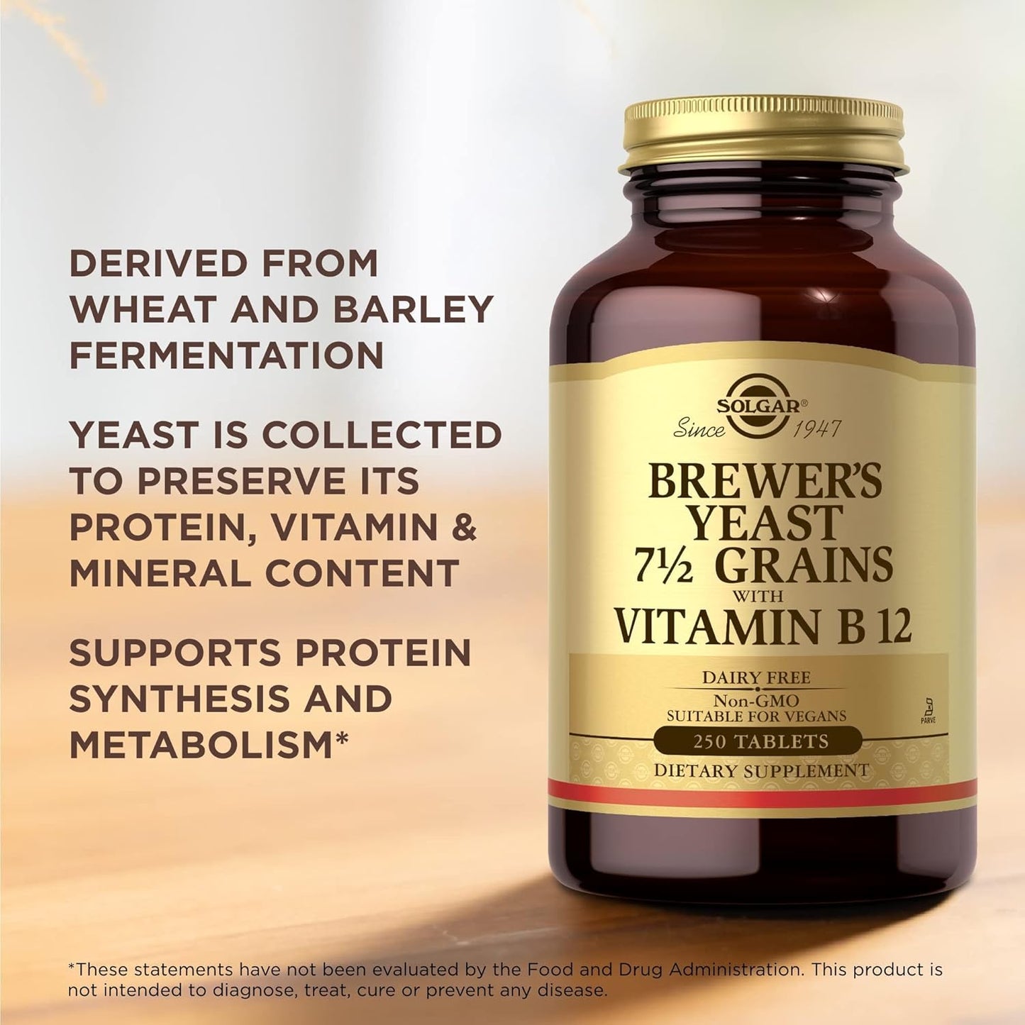 Pack of 2 Solgar Brewer's Yeast 7 ½ Grains with Vitamin B12 Tablets - Non-GMO, Vegan, Dairy Free, Kosher - 82 Servings