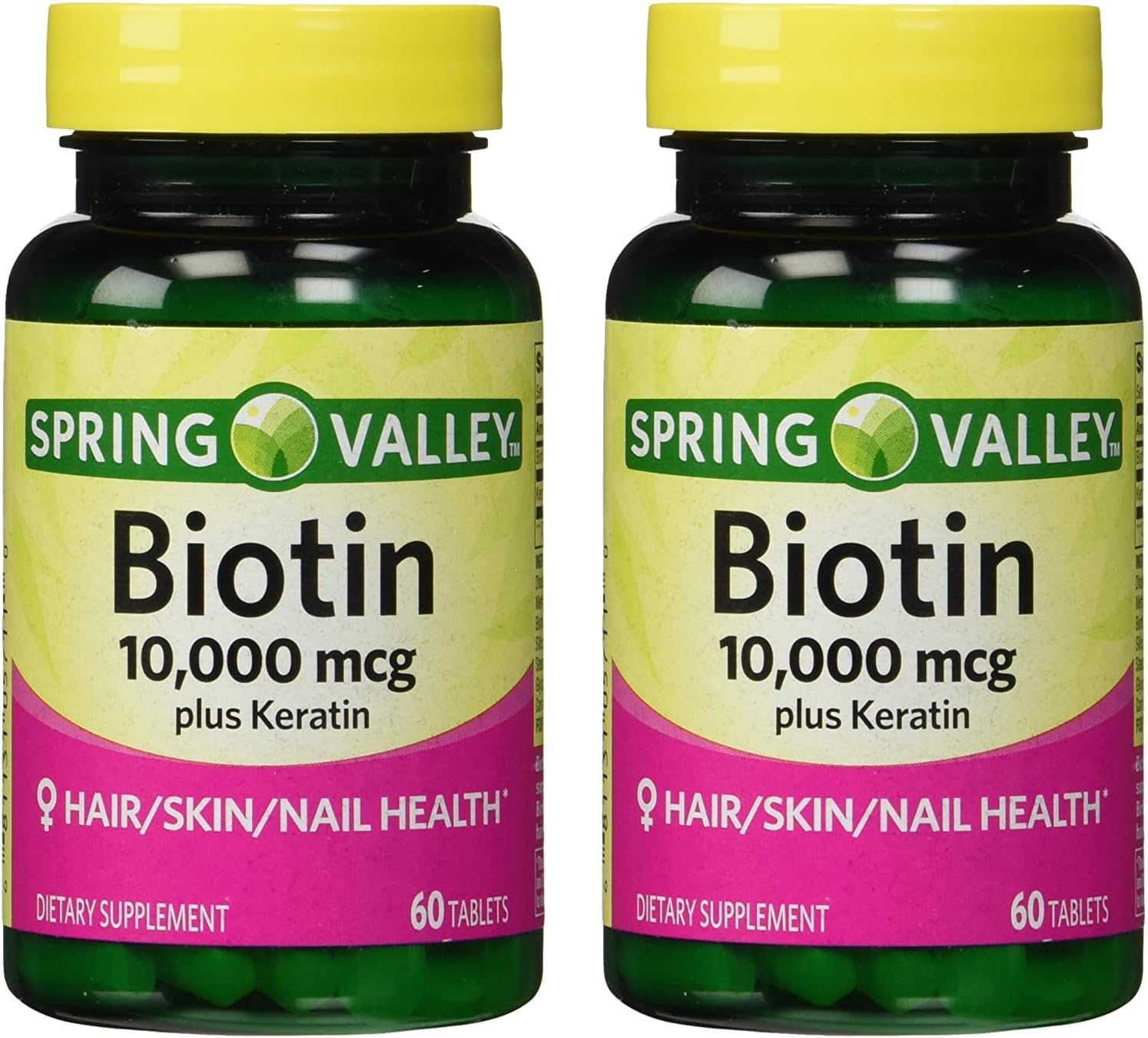 Pack of 2 Spring Valley Biotin and Keratin Dietary Supplement Tablets - 10000mcg Biotin, 100mg Keratin - Includes Your Vitamin Guide ©