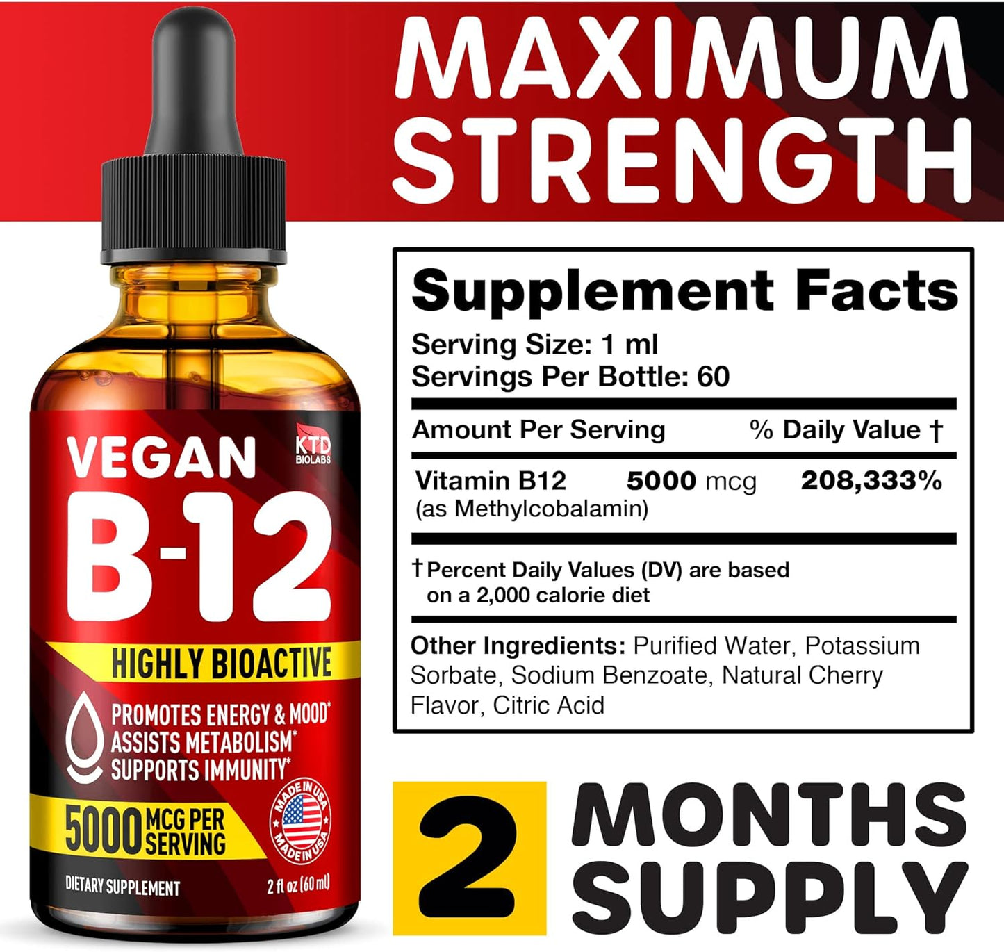 Pack of 2 Vegan B12 Sublingual Drops for Energy, Mood & Memory - 5000 mcg Methylcobalamin - Made in USA - Highly Bioavailable - 2 fl. oz.