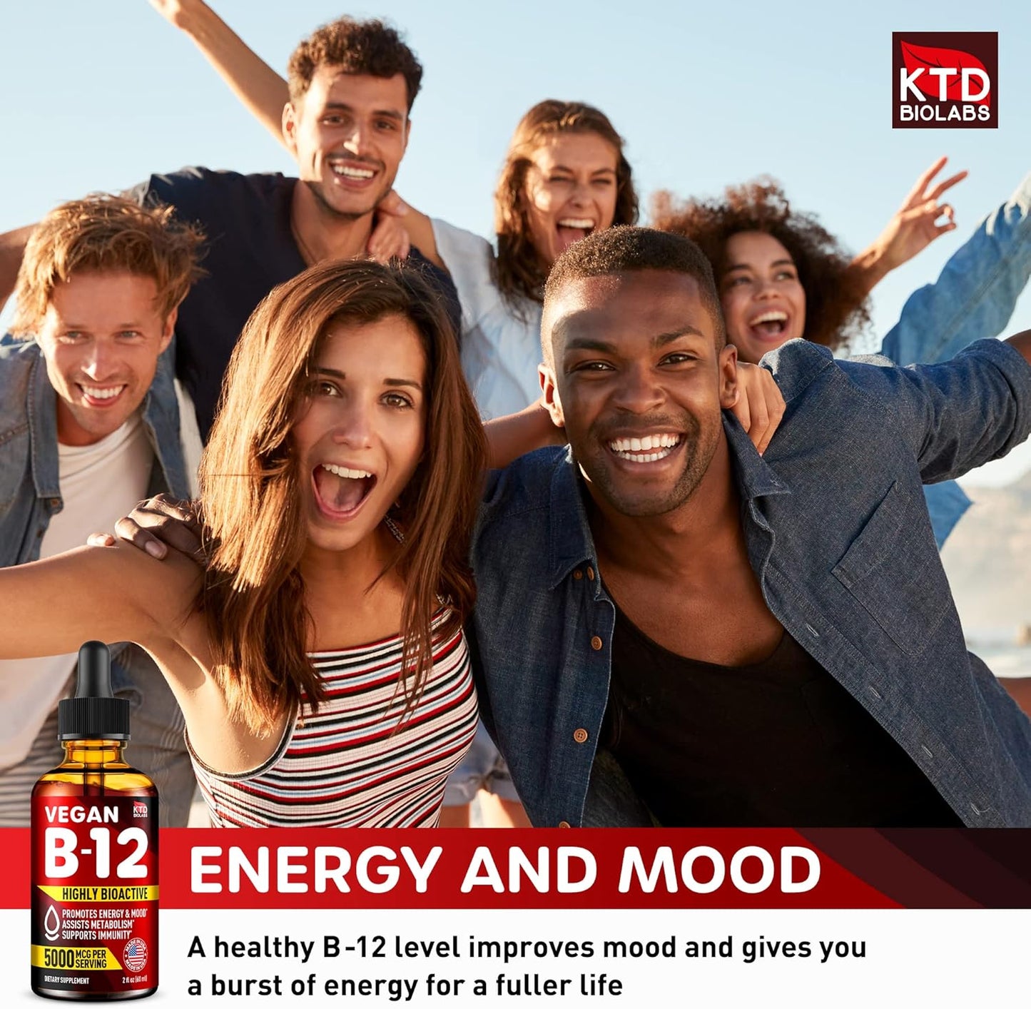 Pack of 2 Vegan B12 Sublingual Drops for Energy, Mood & Memory - 5000 mcg Methylcobalamin - Made in USA - Highly Bioavailable - 2 fl. oz.
