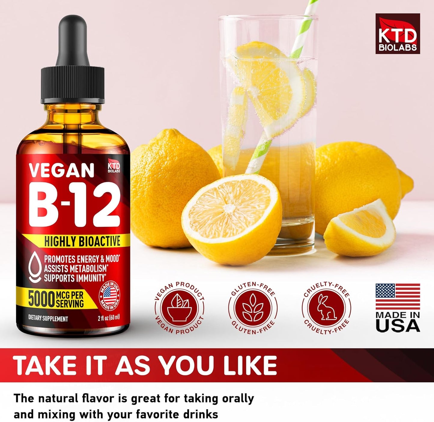 Pack of 2 Vegan B12 Sublingual Drops for Energy, Mood & Memory - 5000 mcg Methylcobalamin - Made in USA - Highly Bioavailable - 2 fl. oz.