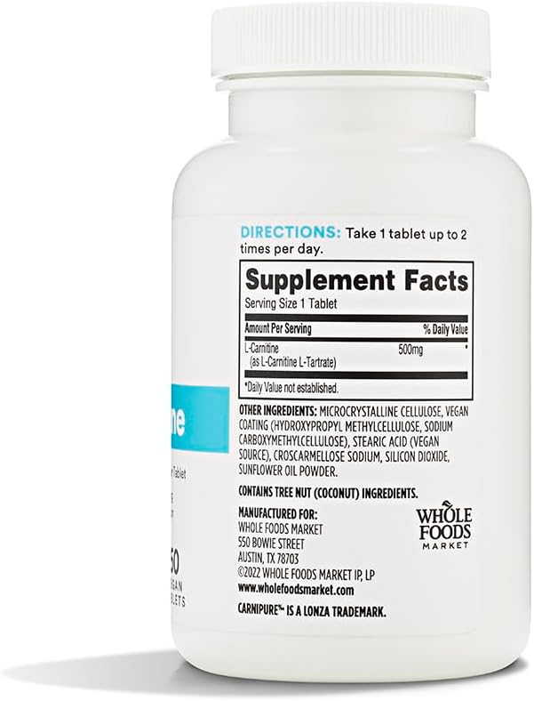 Pack of 2 Whole Foods Market L Carnitine 500mg 60 ct Dietary Supplements