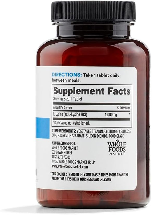 Pack of 2 Whole Foods Market L-Lysine Double Strength Supplements, 100 ct Each