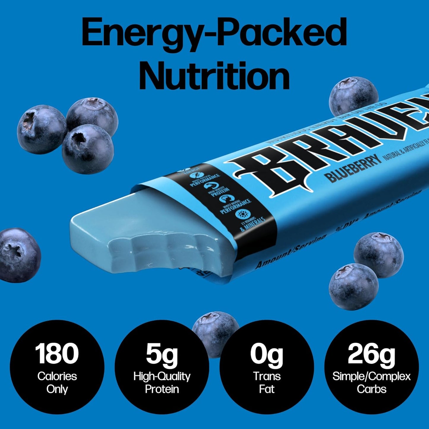 Pack of 20 Braven Bar Blueberry Energy Chews with 5g Protein - Gluten Free Snacks for On-the-Go Energy Boost while Running, Hiking, and Sports - 1.59 oz Bars for Sustained Energy