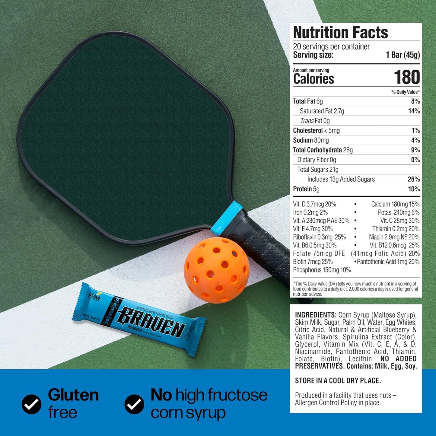Pack of 20 Braven Bar Blueberry Energy Chews with 5g Protein - Gluten Free Snacks for On-the-Go Energy Boost while Running, Hiking, and Sports - 1.59 oz Bars for Sustained Energy