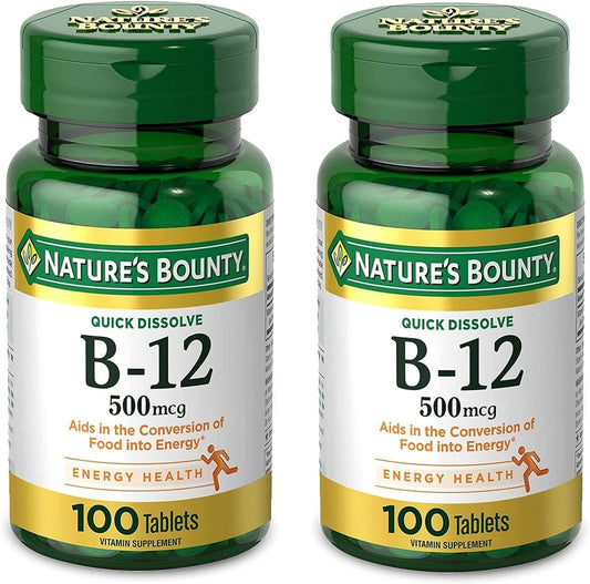 Pack of 200 Nature's Bounty Vitamin B12 Tablets for Energy and Nervous System Support