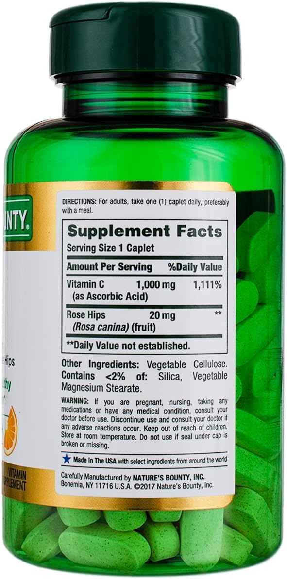 Pack of 200 Nature's Bounty Vitamin C 1000 mg Caplets with Rose Hips for Immune Support