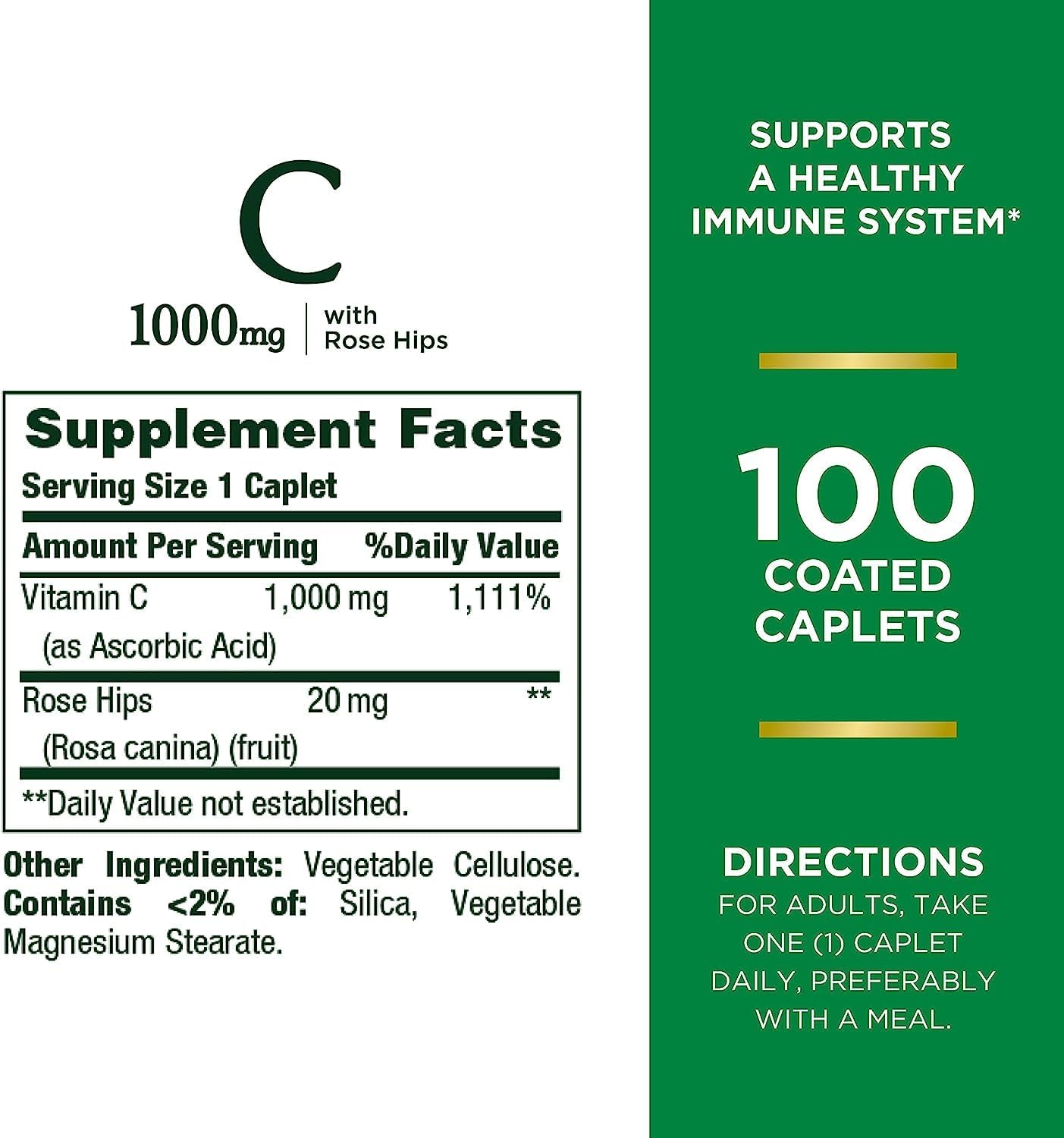 Pack of 200 Nature's Bounty Vitamin C 1000 mg Caplets with Rose Hips for Immune Support