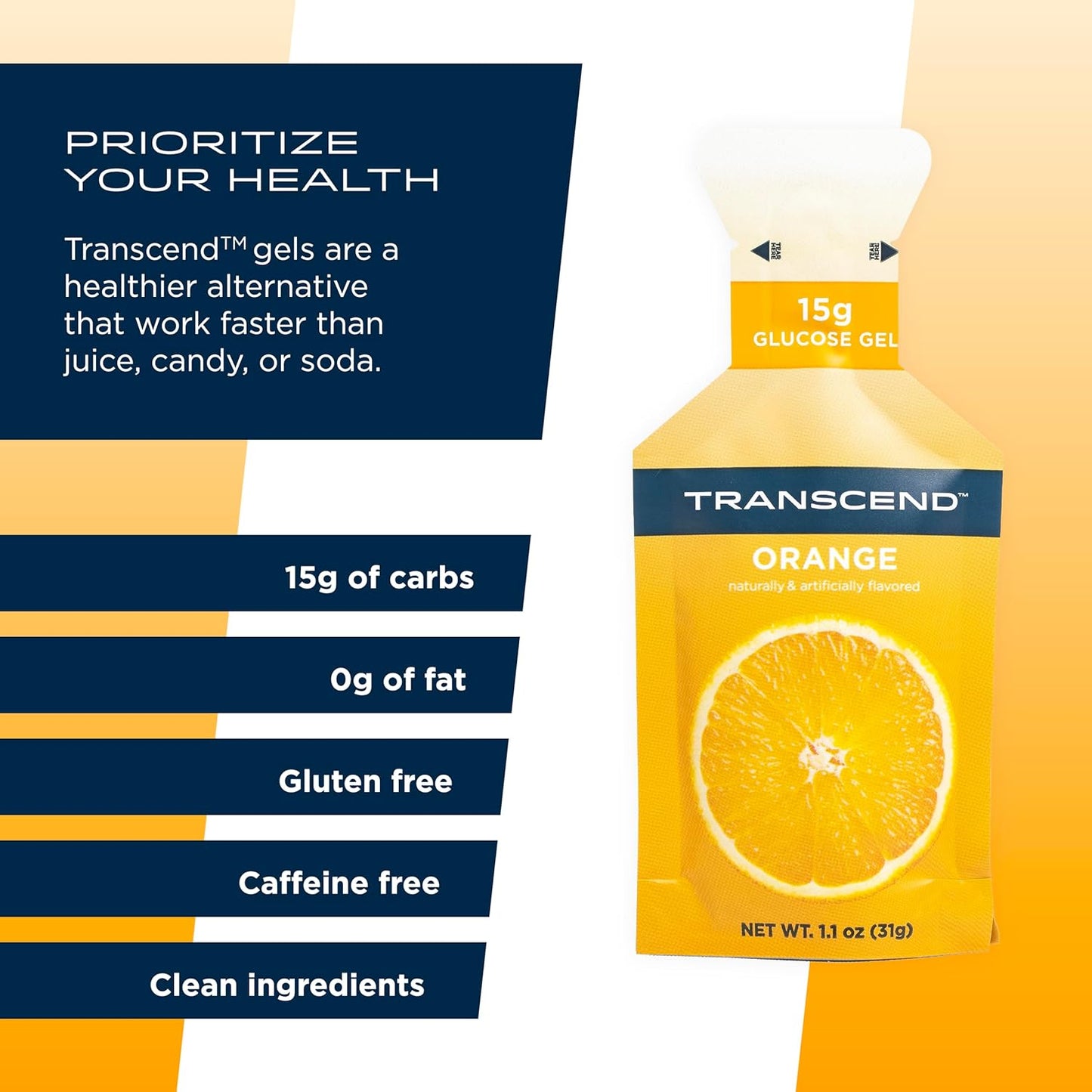 Pack of 24 Transcend Foods Orange Gel Packets - 1.1 oz Each, Fast-Acting Carb Gel with Orange Flavor, Caffeine and Gluten Free - BoostGo Australia