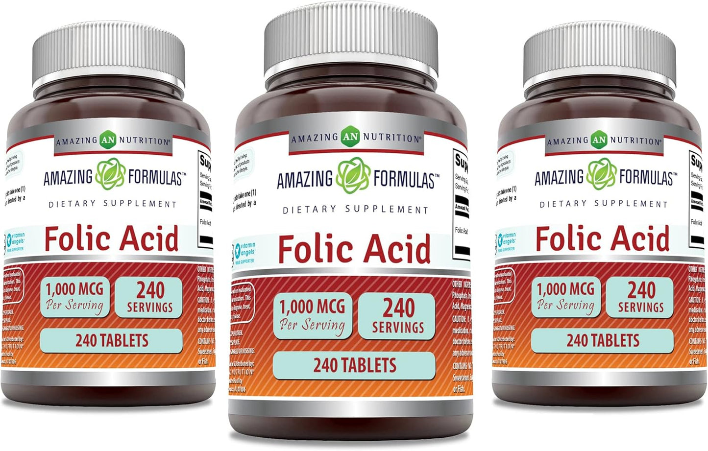 Pack of 240 Amazing Nutrition Folic Acid 1000 mcg Tablets - Non-GMO, Gluten Free, Made in USA - Vitamin B9 Supplement
