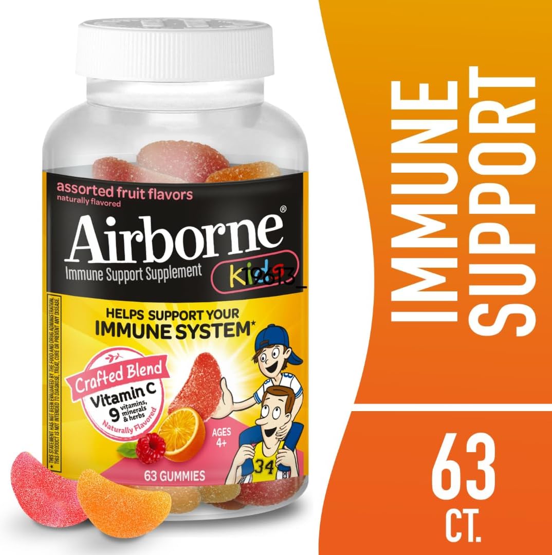 Pack of 3 Airborne Kids 500mg Vitamin C Gummies with Zinc, Powerful Antioxidants, Immune Support for Kids, 63 Assorted Fruit Flavor Gummies
