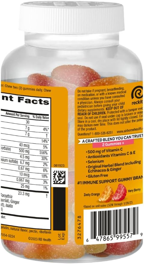 Pack of 3 Airborne Kids 500mg Vitamin C Gummies with Zinc, Powerful Antioxidants, Immune Support for Kids, 63 Assorted Fruit Flavor Gummies