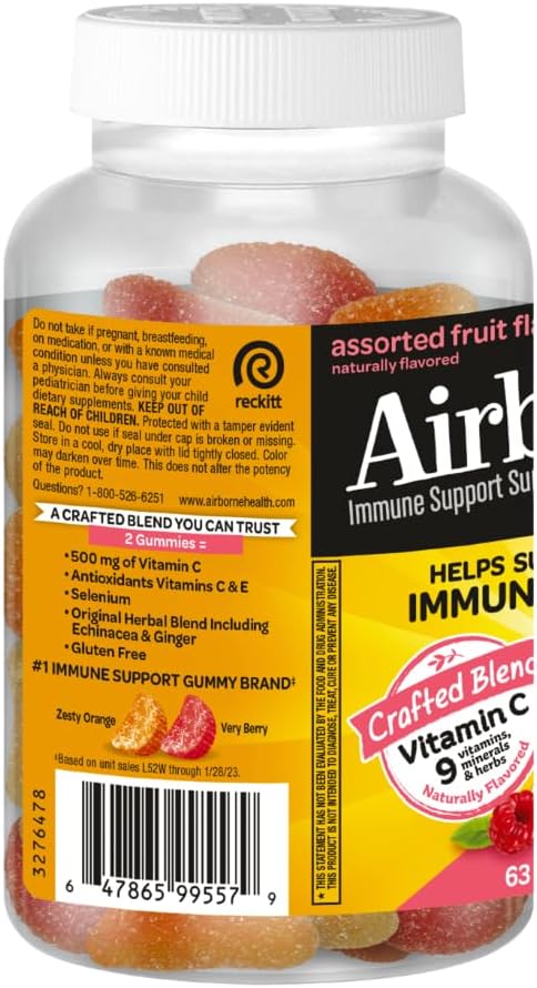 Pack of 3 Airborne Kids 500mg Vitamin C Gummies with Zinc, Powerful Antioxidants, Immune Support for Kids, 63 Assorted Fruit Flavor Gummies