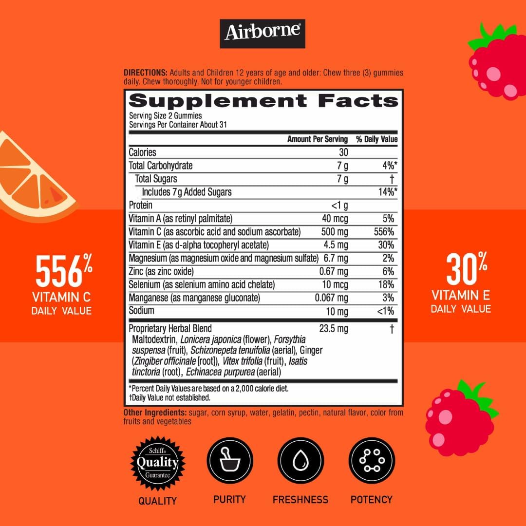 Pack of 3 Airborne Kids 500mg Vitamin C Gummies with Zinc, Powerful Antioxidants, Immune Support for Kids, 63 Assorted Fruit Flavor Gummies
