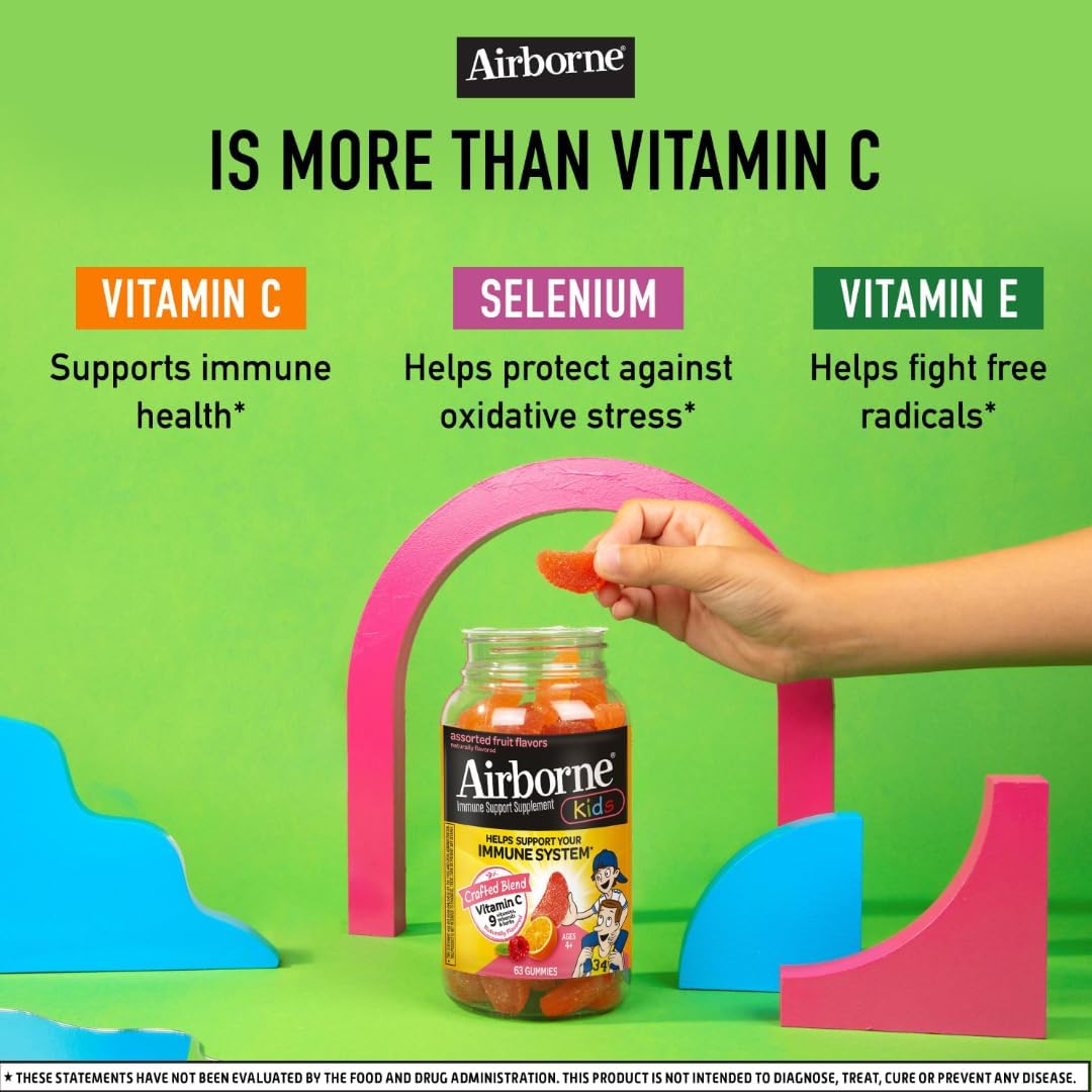 Pack of 3 Airborne Kids 500mg Vitamin C Gummies with Zinc, Powerful Antioxidants, Immune Support for Kids, 63 Assorted Fruit Flavor Gummies