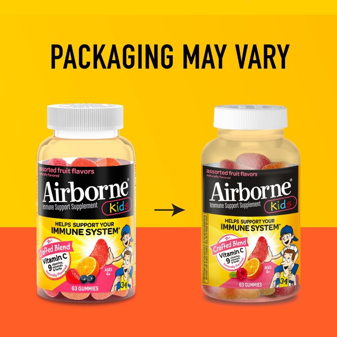 Pack of 3 Airborne Kids 500mg Vitamin C Gummies with Zinc, Powerful Antioxidants, Immune Support for Kids, 63 Assorted Fruit Flavor Gummies
