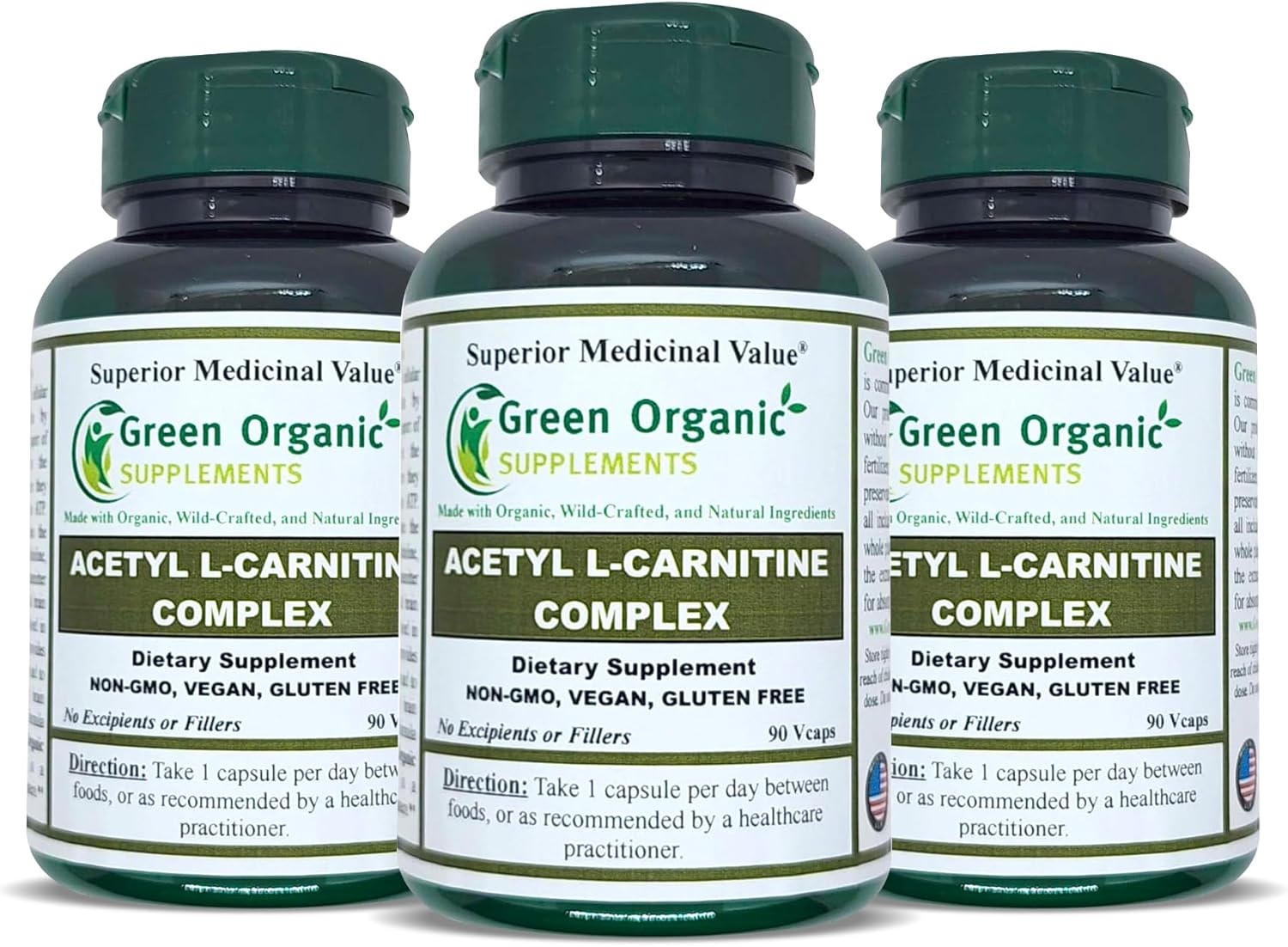 Pack of 3 High Absorbable Green Organic Acetyl L-Carnitine Supplements - Non-GMO, Gluten-Free