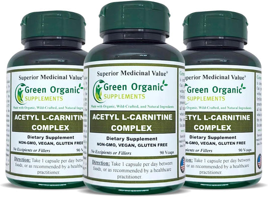 Pack of 3 High Absorbable Green Organic Acetyl L-Carnitine Supplements - Non-GMO, Gluten-Free