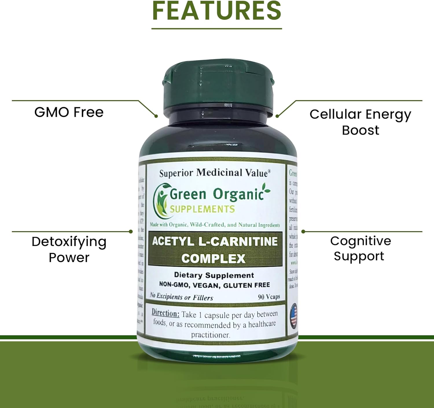 Pack of 3 High Absorbable Green Organic Acetyl L-Carnitine Supplements - Non-GMO, Gluten-Free
