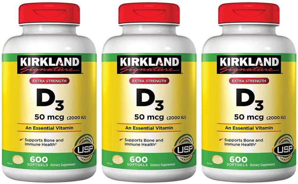 Pack of 3 Kirkland Signature High-Potency Vitamin D3 2000 I.U. Softgels for Immune Support