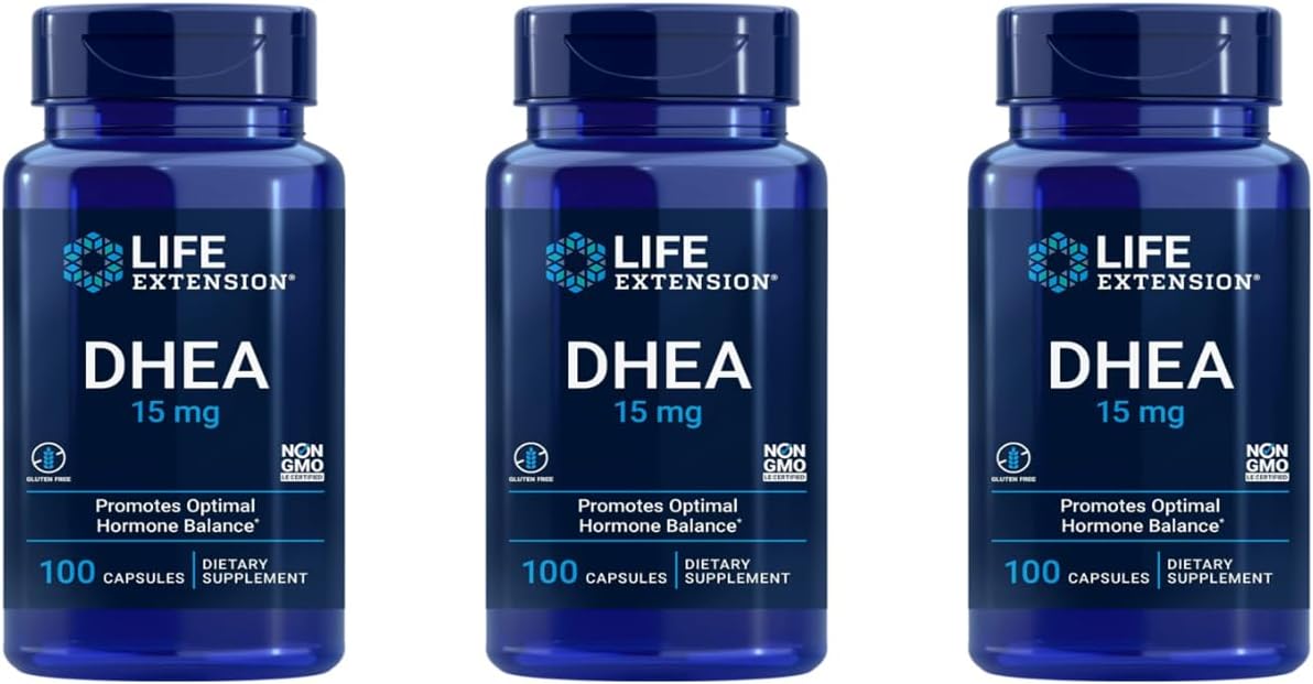 Pack of 3 Life Extension DHEA Capsules, 15mg - 100 Count Each
