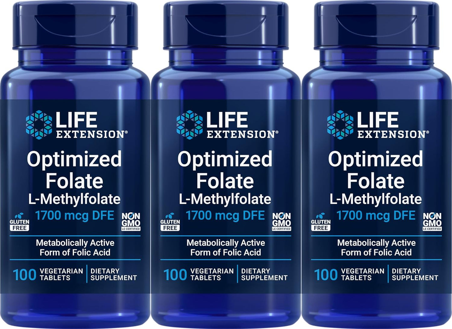 Pack of 3 Life Extension Optimized Folate 1700 mcg DFE, 100 Vegetarian Tablets - High Quality Folate Supplement