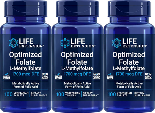 Pack of 3 Life Extension Optimized Folate 1700 mcg DFE, 100 Vegetarian Tablets - High Quality Folate Supplement