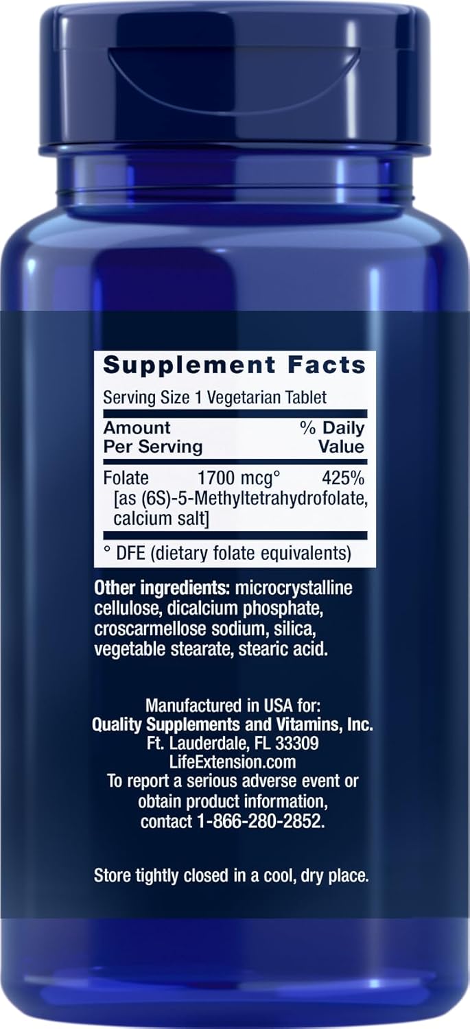 Pack of 3 Life Extension Optimized Folate 1700 mcg DFE, 100 Vegetarian Tablets - High Quality Folate Supplement