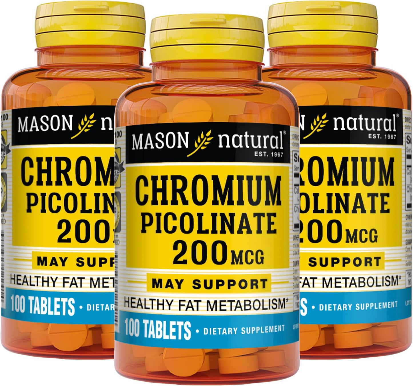 Pack of 3 Mason Natural Chromium Picolinate 200 mcg with Calcium Tablets - Supports Healthy Metabolism and Overall Health