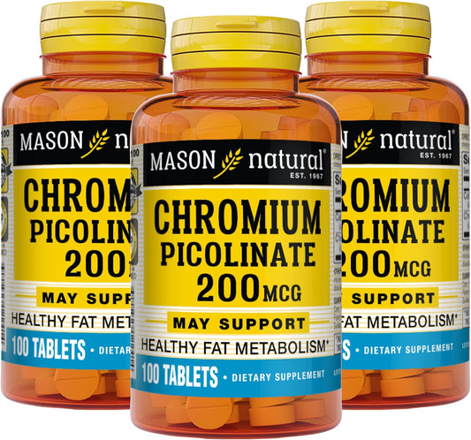 Pack of 3 Mason Natural Chromium Picolinate 200 mcg with Calcium Tablets - Supports Healthy Metabolism and Overall Health
