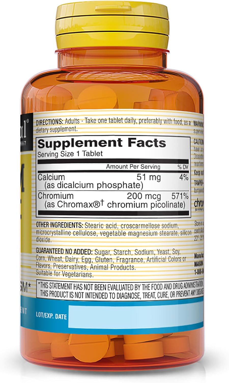 Pack of 3 Mason Natural Chromium Picolinate 200 mcg with Calcium Tablets - Supports Healthy Metabolism and Overall Health
