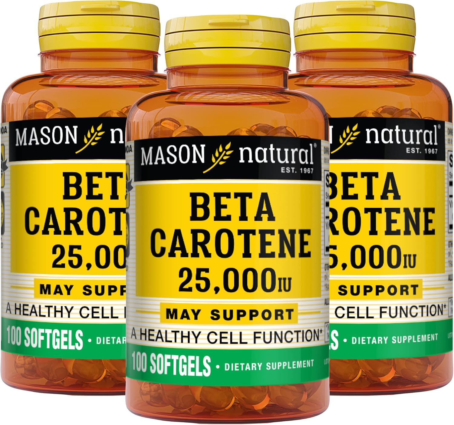 Pack of 3 MASON NATURAL Vitamin A Beta Carotene Softgels - 25,000 IU for Vision, Cell Function & Immune Health