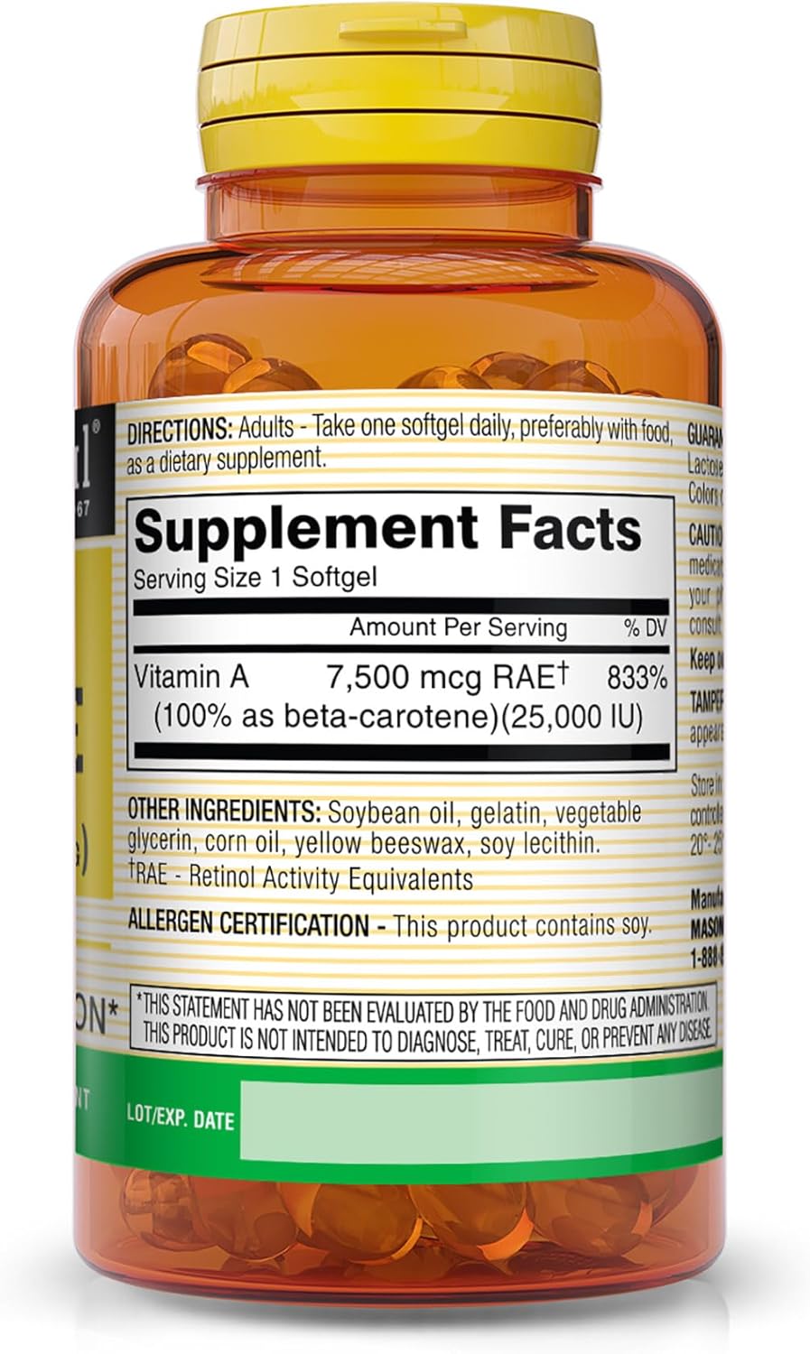 Pack of 3 MASON NATURAL Vitamin A Beta Carotene Softgels - 25,000 IU for Vision, Cell Function & Immune Health