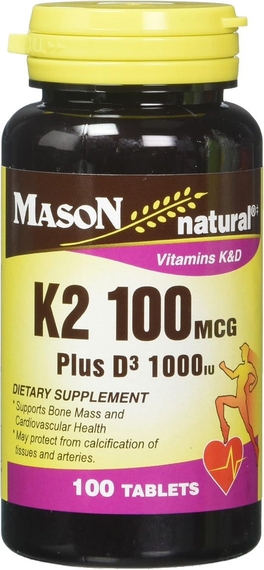 Pack of 3 Mason Natural Vitamin K2 100 mcg Plus D3 1000 IU Tablets - 300 Tablets Total