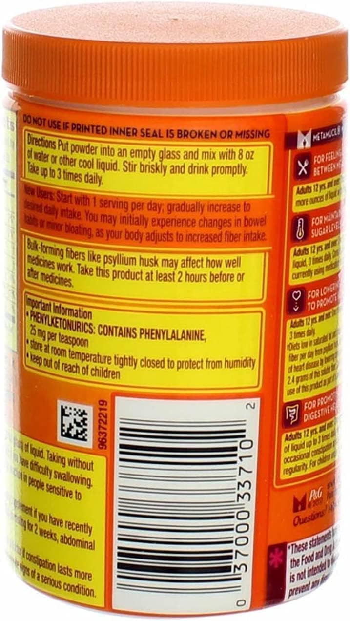 Pack of 3 Metamucil Daily Fiber Supplement, Sugar Free Orange Smooth - 6.1 oz for Regularity and Therapy