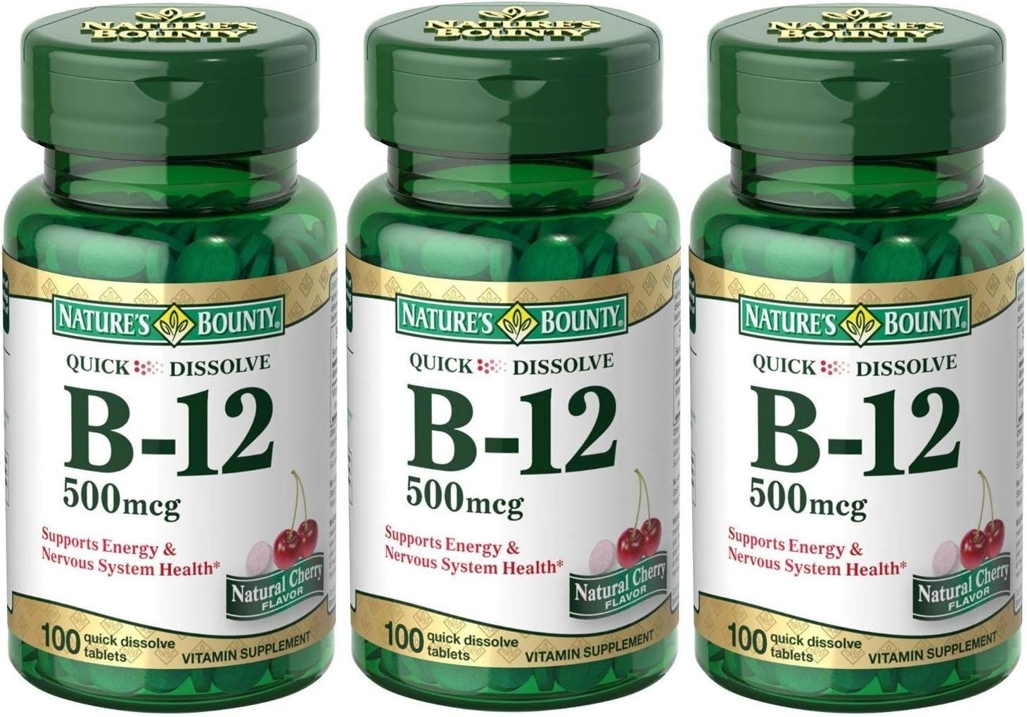 Pack of 3 Nature's Bounty B-12 Quick Dissolve Tablets 500 Mcg, 100 Count per Bottle