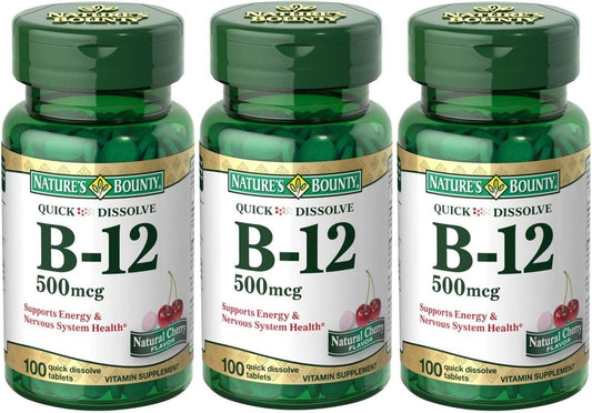 Pack of 3 Nature's Bounty B-12 Quick Dissolve Tablets 500 Mcg, 100 Count per Bottle