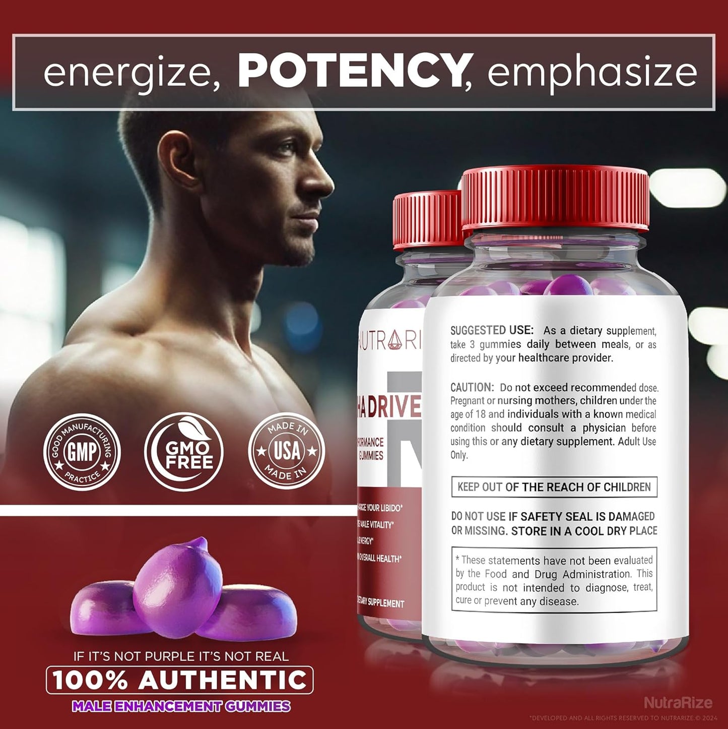 Pack of 3 NutraRize Alpha Drive RX Gummies for Men - Daily Supplement for Peak Performance and Well-Being - 180 Gummies