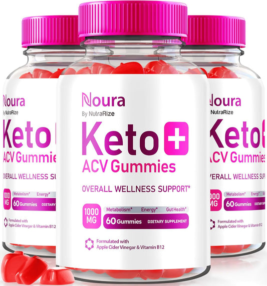 Pack of 3 NutraRize Noura Keto+ ACV Gummies - All Natural Keto Supplement with Apple Cider Vinegar for Keto Diet (180 Gummies)