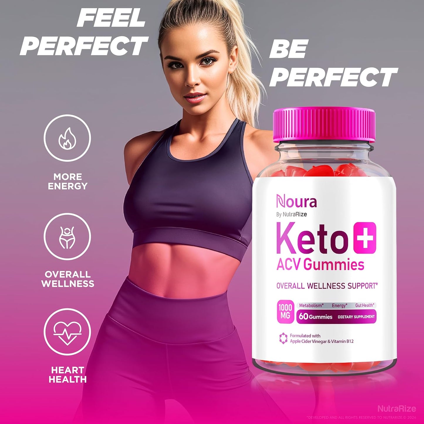 Pack of 3 NutraRize Noura Keto+ ACV Gummies - All Natural Keto Supplement with Apple Cider Vinegar for Keto Diet (180 Gummies)
