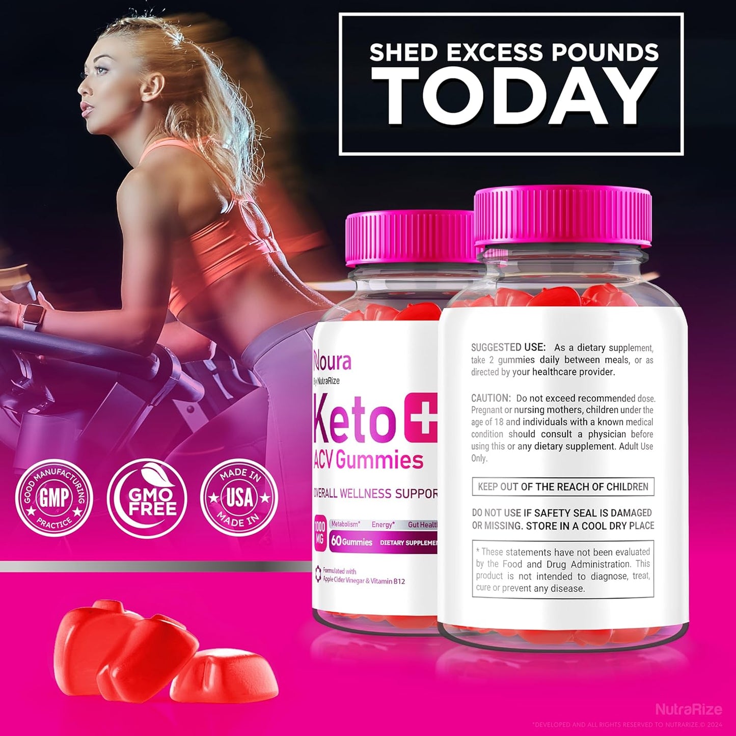 Pack of 3 NutraRize Noura Keto+ ACV Gummies - All Natural Keto Supplement with Apple Cider Vinegar for Keto Diet (180 Gummies)