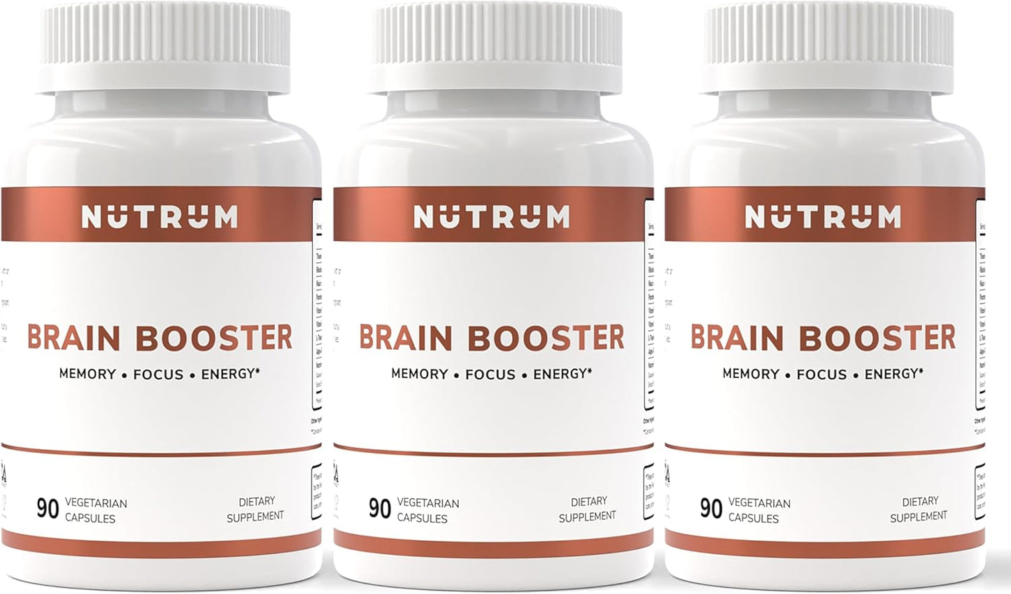 Pack of 3 Nutrum Brain Booster Nootropic Supplement for Focus, Memory, Energy & Concentration - Alpha-GPC, L-Theanine, Rhodiola, Ginseng, Guarana
