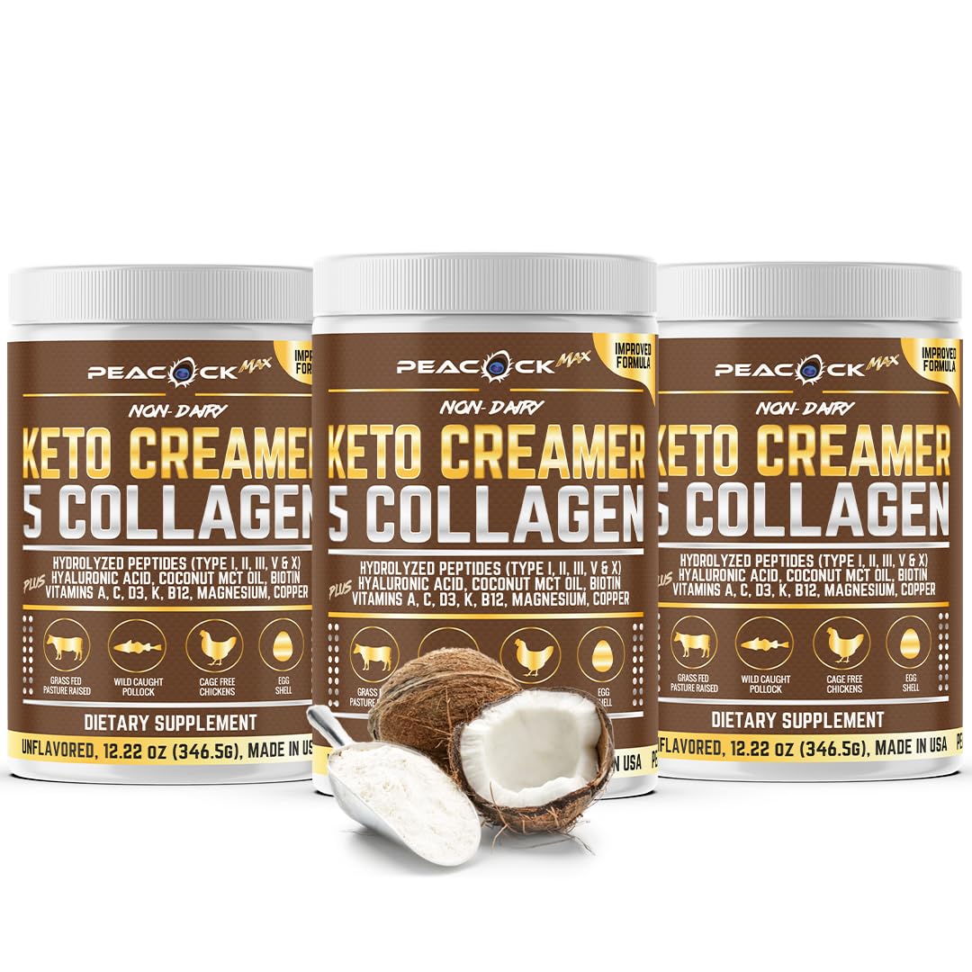 Pack of 3 Peacock Max Collagen Keto Creamer Powder with Coconut MCT, Peptides, Unflavored, Hydrolyzed, B12, Magnesium - 36.66 oz
