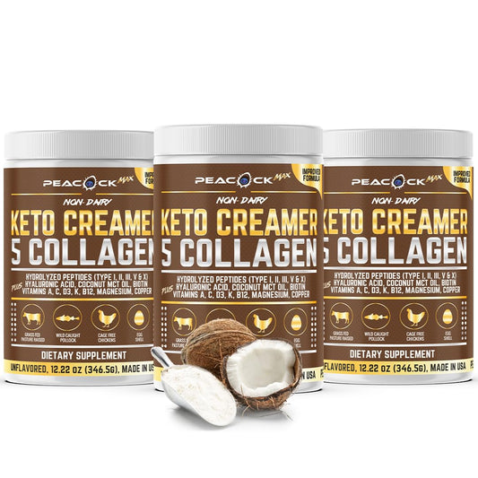 Pack of 3 Peacock Max Collagen Keto Creamer Powder with Coconut MCT, Peptides, Unflavored, Hydrolyzed, B12, Magnesium - 36.66 oz