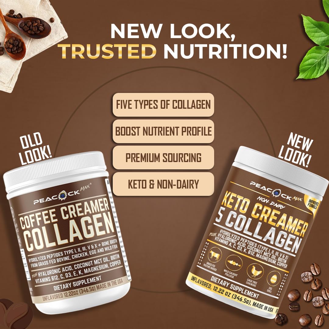 Pack of 3 Peacock Max Collagen Keto Creamer Powder with Coconut MCT, Peptides, Unflavored, Hydrolyzed, B12, Magnesium - 36.66 oz