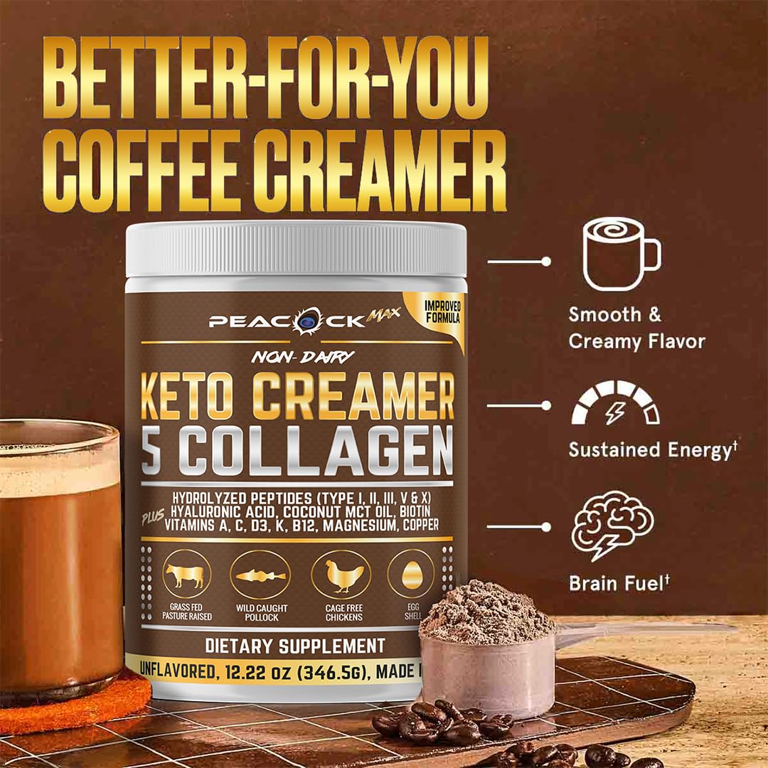 Pack of 3 Peacock Max Collagen Keto Creamer Powder with Coconut MCT, Peptides, Unflavored, Hydrolyzed, B12, Magnesium - 36.66 oz
