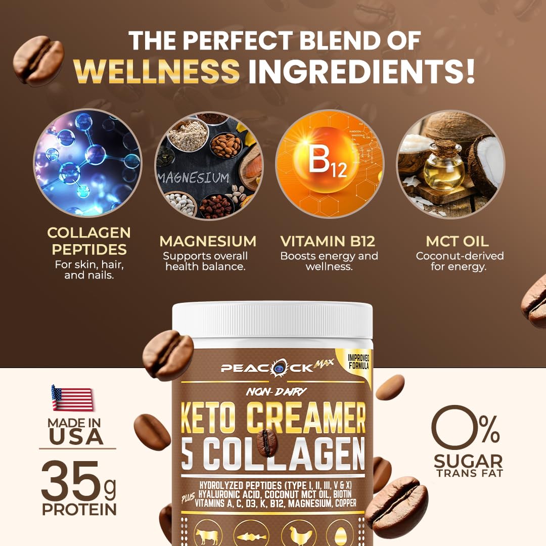 Pack of 3 Peacock Max Collagen Keto Creamer Powder with Coconut MCT, Peptides, Unflavored, Hydrolyzed, B12, Magnesium - 36.66 oz