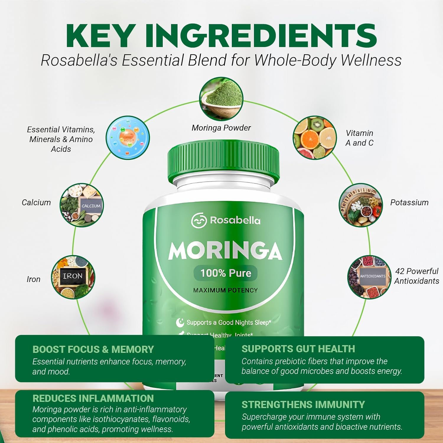 Pack of 3 Rosabella Moringa Powder Capsules for Energy, Skin, Gut Health - Nutrient-Rich Antioxidant Superfood with Essential Vitamins & Amino Acids