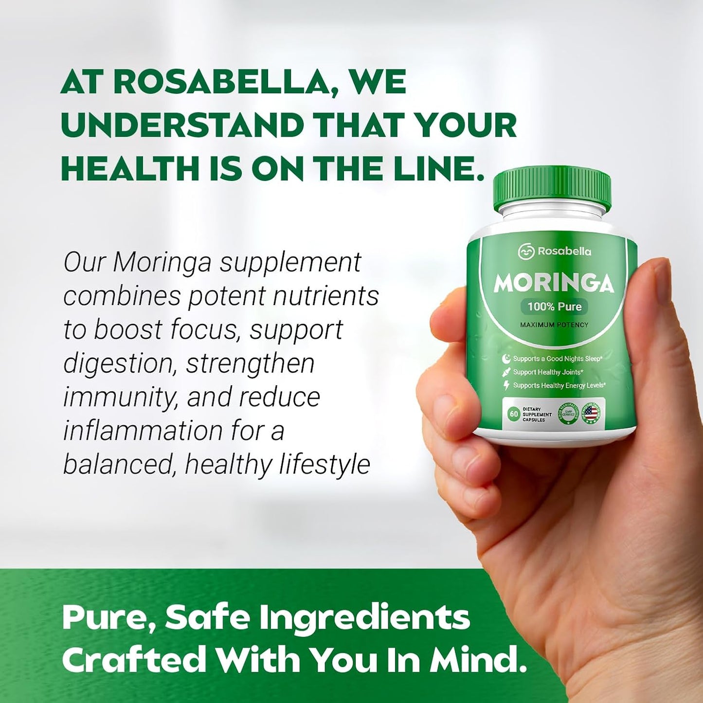 Pack of 3 Rosabella Moringa Powder Capsules for Energy, Skin, Gut Health - Nutrient-Rich Antioxidant Superfood with Essential Vitamins & Amino Acids