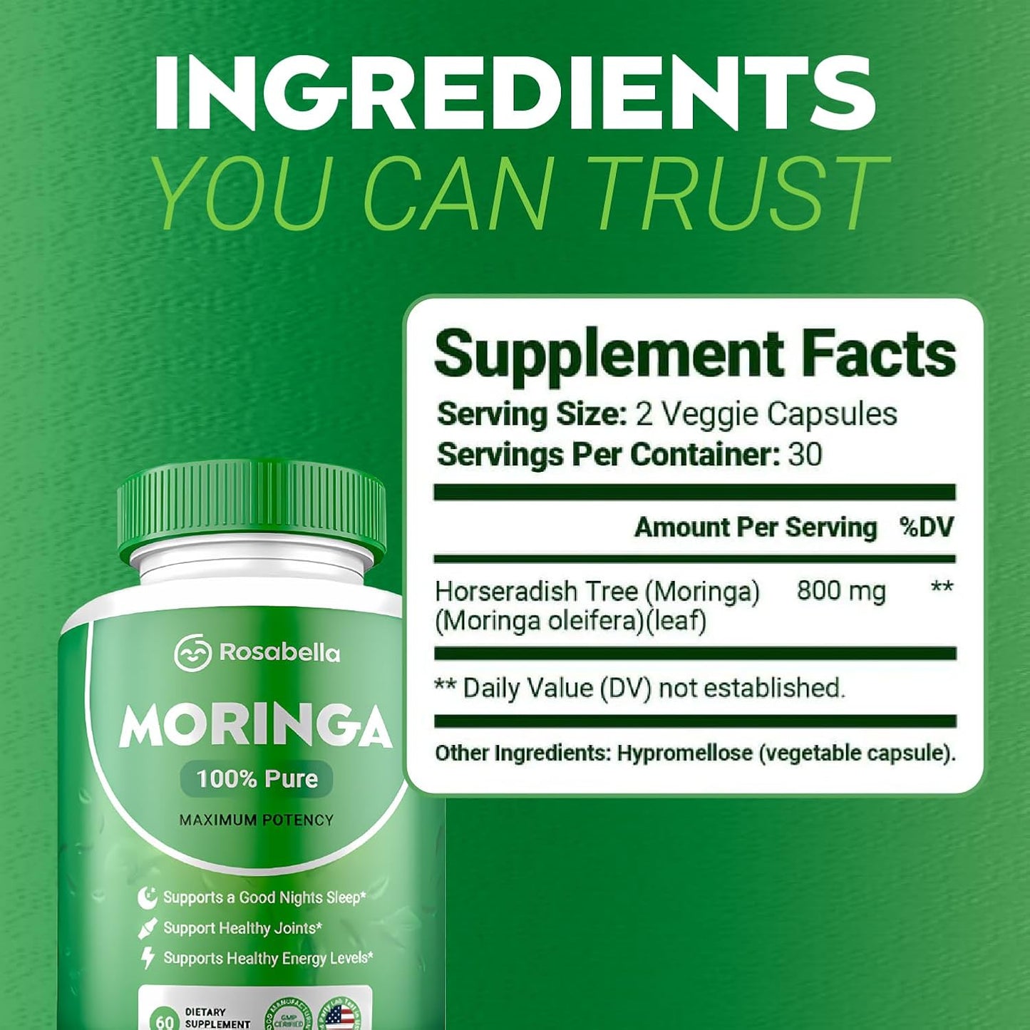 Pack of 3 Rosabella Moringa Powder Capsules for Energy, Skin, Gut Health - Nutrient-Rich Antioxidant Superfood with Essential Vitamins & Amino Acids